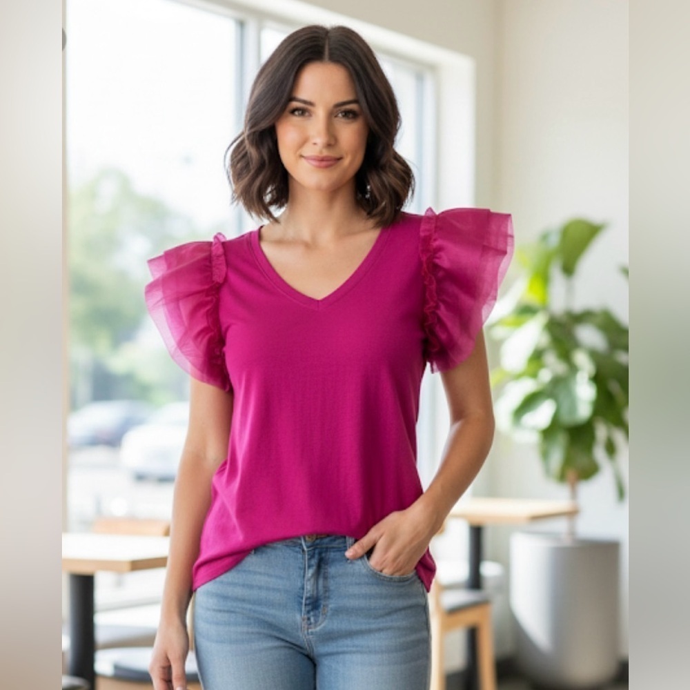 BiBi Pink Ruffled Puff Sleeve Blouse